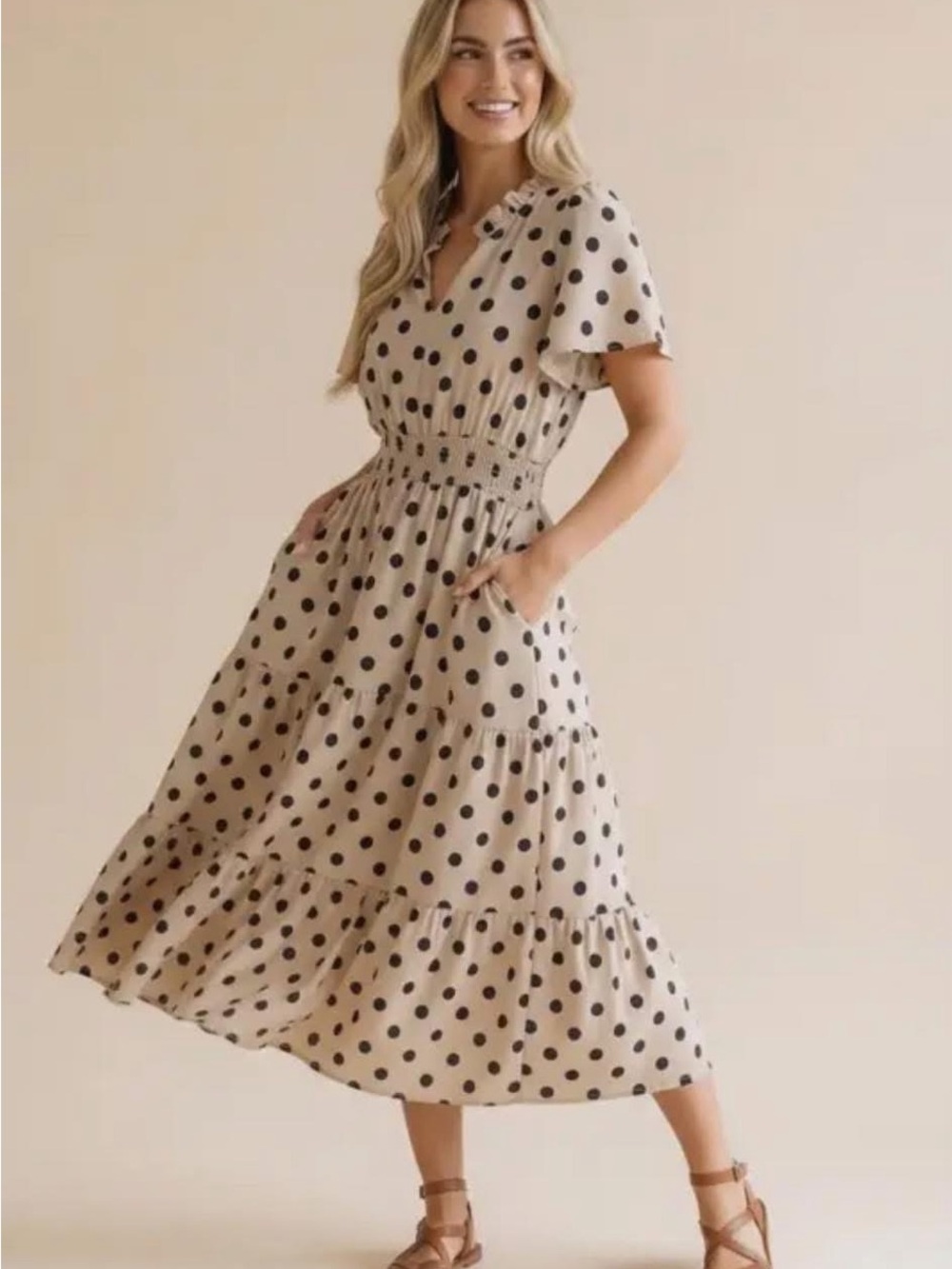 Beige Polka Dot Smocked-Waist Midi Dress